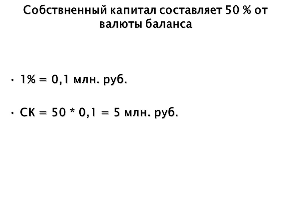 Собствненный капитал составляет 50 % от валюты баланса 1% = 0,1 млн. руб. СК
